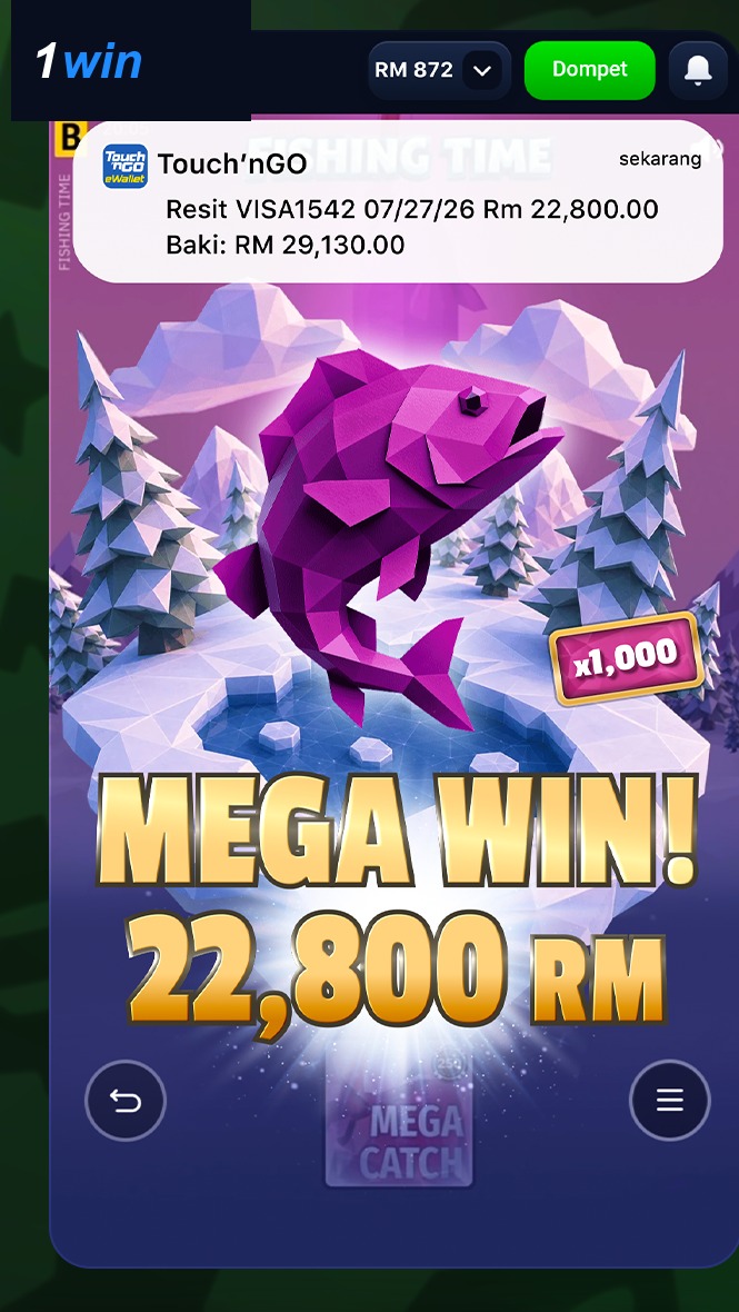 Paparan kemenangan Mega Win Fishing Time dengan mata wang Ringgit Malaysia